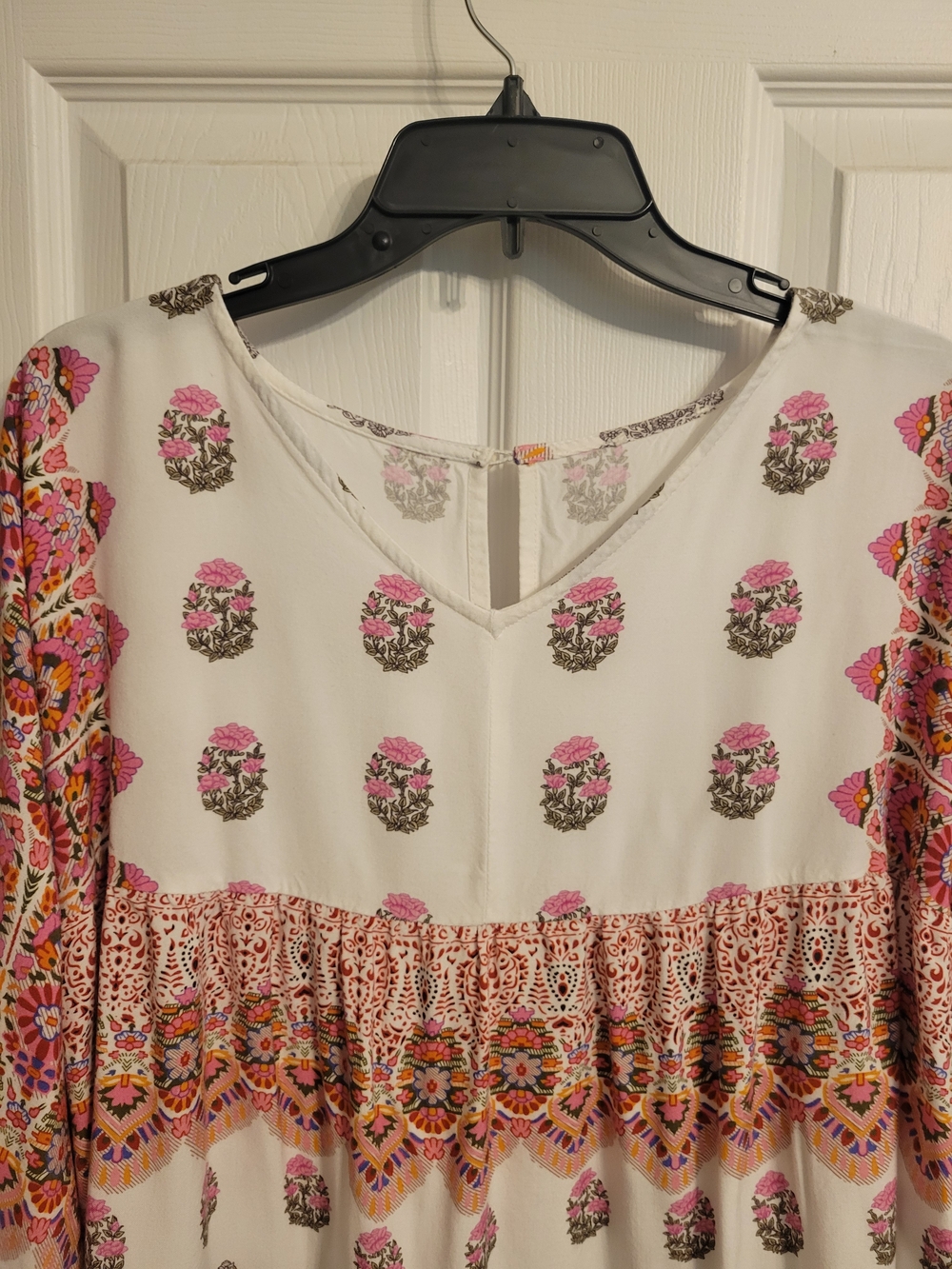 Boho Floral Print V-Neck Peasant Blouse - White with Pink & Orange - Picture 2 of 5